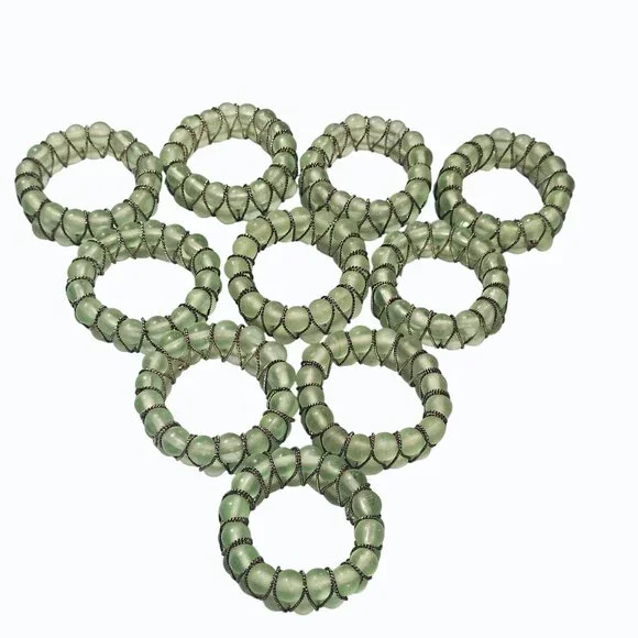 Vintage Green Glass Beads and Wire 2 Inch Napkin Rings Set of 10 - Picture 7 of 11